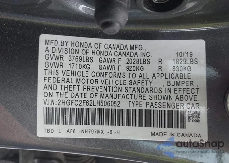 2020 Honda Civic Lx из США, поврежденный, VIN 2HGFC2F62LH506052